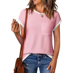 image:imageEVALESS Womens Short Sleeve T Shirts Crewneck Color Block Ribbed Knit Tee Blouses 2026 Trendy Summer TopsPink