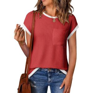 image:imageEVALESS Womens Short Sleeve T Shirts Crewneck Color Block Ribbed Knit Tee Blouses 2026 Trendy Summer TopsRed