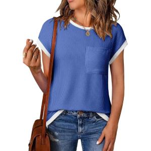 image:imageEVALESS Womens Short Sleeve T Shirts Crewneck Color Block Ribbed Knit Tee Blouses 2026 Trendy Summer TopsRoyal Blue