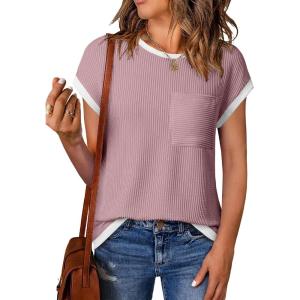 image:imageEVALESS Womens Short Sleeve T Shirts Crewneck Color Block Ribbed Knit Tee Blouses 2026 Trendy Summer TopsViolet