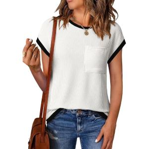 image:imageEVALESS Womens Short Sleeve T Shirts Crewneck Color Block Ribbed Knit Tee Blouses 2026 Trendy Summer TopsWhite