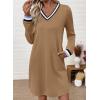 image:imageEVALESS Womens Dresses 2026 Spring Fall V Neck Long Sleeve Casual Tshirt Dress Contrast Striped Sweatshirt DressCamel