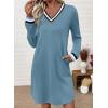 image:imageEVALESS Womens Dresses 2026 Spring Fall V Neck Long Sleeve Casual Tshirt Dress Contrast Striped Sweatshirt DressDusk Blue