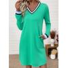 image:imageEVALESS Womens Dresses 2026 Spring Fall V Neck Long Sleeve Casual Tshirt Dress Contrast Striped Sweatshirt DressGreen