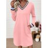 image:imageEVALESS Womens Dresses 2026 Spring Fall V Neck Long Sleeve Casual Tshirt Dress Contrast Striped Sweatshirt DressLight Pink