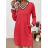image:imageEVALESS Womens Dresses 2026 Spring Fall V Neck Long Sleeve Casual Tshirt Dress Contrast Striped Sweatshirt DressRed