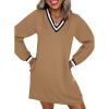 image:imageEVALESS Womens Dresses 2026 Spring Fall V Neck Long Sleeve Casual Tshirt Dress Contrast Striped Sweatshirt DressCamel