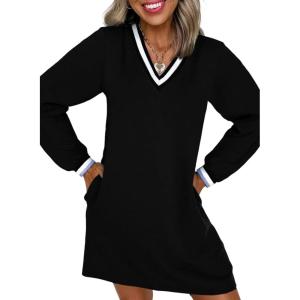 image:imageEVALESS Womens Dresses 2026 Spring Fall V Neck Long Sleeve Casual Tshirt Dress Contrast Striped Sweatshirt DressBlack