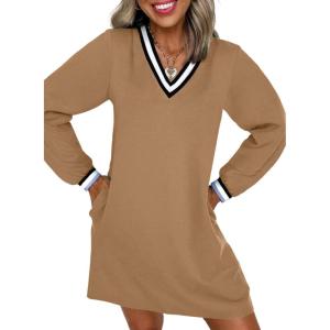 image:imageEVALESS Womens Dresses 2026 Spring Fall V Neck Long Sleeve Casual Tshirt Dress Contrast Striped Sweatshirt DressCamel