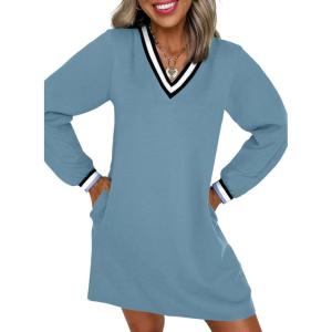 image:imageEVALESS Womens Dresses 2026 Spring Fall V Neck Long Sleeve Casual Tshirt Dress Contrast Striped Sweatshirt DressDusk Blue