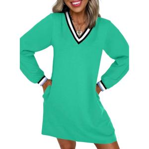 image:imageEVALESS Womens Dresses 2026 Spring Fall V Neck Long Sleeve Casual Tshirt Dress Contrast Striped Sweatshirt DressGreen