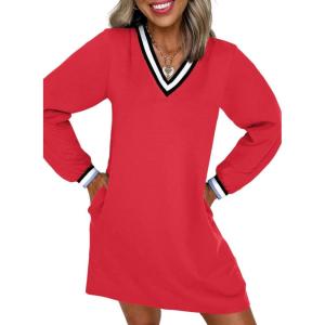 image:imageEVALESS Womens Dresses 2026 Spring Fall V Neck Long Sleeve Casual Tshirt Dress Contrast Striped Sweatshirt DressRed