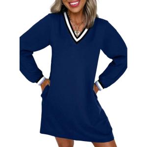 image:imageEVALESS Womens Dresses 2026 Spring Fall V Neck Long Sleeve Casual Tshirt Dress Contrast Striped Sweatshirt DressSail Blue