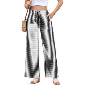 image:imageEVALESS Striped Pants Women Casual Wide Leg Drawstring Elastic Waist Kint Trousers Lounge Sweatpants with PocketsBlack and White