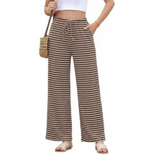 image:imageEVALESS Striped Pants Women Casual Wide Leg Drawstring Elastic Waist Kint Trousers Lounge Sweatpants with PocketsDark Brown Striped