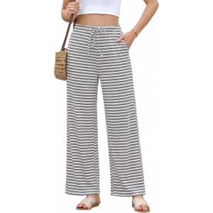 image:imageEVALESS Striped Pants Women Casual Wide Leg Drawstring Elastic Waist Kint Trousers Lounge Sweatpants with PocketsWhite and Grey