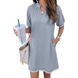 image:imageEVALESS Casual Dresses for Women 2026 Ruffle A Line Summer Dresses Loose V Neck Work Vacation Short Dresses with PocketsBeau Blue