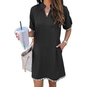 image:imageEVALESS Casual Dresses for Women 2026 Ruffle A Line Summer Dresses Loose V Neck Work Vacation Short Dresses with PocketsBlack