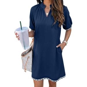 image:imageEVALESS Casual Dresses for Women 2026 Ruffle A Line Summer Dresses Loose V Neck Work Vacation Short Dresses with PocketsDirty Blue