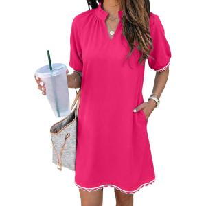 image:imageEVALESS Casual Dresses for Women 2026 Ruffle A Line Summer Dresses Loose V Neck Work Vacation Short Dresses with PocketsRose Red
