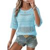 image:imageEVALESS Womens Summer Crochet Tops Half Sleeve Hollow Out Beach Vacation Clothes Resort Wear Cruise OutfitsTurquoise