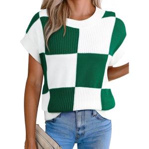 image:imageEVALESS Short Sleeve Sweater for Women Crewneck Color Block Knit Tops 2026 Summer Trendy Cap Sleeve Sweater VestGreen