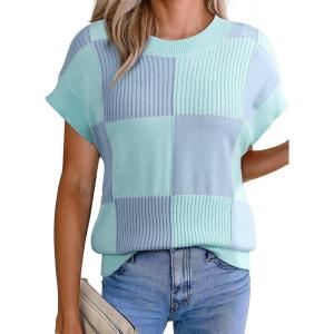 image:imageEVALESS Short Sleeve Sweater for Women Crewneck Color Block Knit Tops 2026 Summer Trendy Cap Sleeve Sweater VestIce Blue