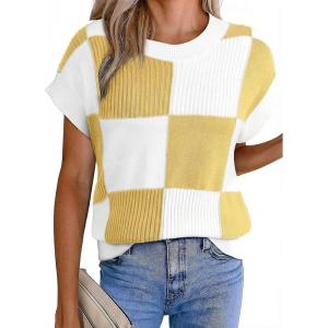 image:imageEVALESS Short Sleeve Sweater for Women Crewneck Color Block Knit Tops 2026 Summer Trendy Cap Sleeve Sweater VestYellow