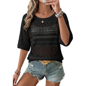 image:imageEVALESS Womens Summer Crochet Tops Half Sleeve Hollow Out Beach Vacation Clothes Resort Wear Cruise OutfitsBlack