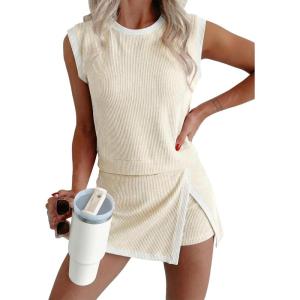 image:imageEVALESS 2 Piece Sets for Women Summer Outfits Ribbed Knit Tank Top and Split Lined Skirt Two Pieces Lounge Matching SetBeige