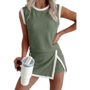 image:imageEVALESS 2 Piece Sets for Women Summer Outfits Ribbed Knit Tank Top and Split Lined Skirt Two Pieces Lounge Matching SetGreen