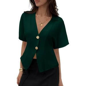 image:imageEVALESS Blouses for Women Dressy Casual Summer Button Down Shirts Short Sleeve Business Work TopsBlackish Green