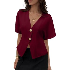 image:imageEVALESS Blouses for Women Dressy Casual Summer Button Down Shirts Short Sleeve Business Work TopsBurgundy