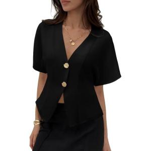 image:imageEVALESS Blouses for Women Dressy Casual Summer Button Down Shirts Short Sleeve Business Work TopsColor Black
