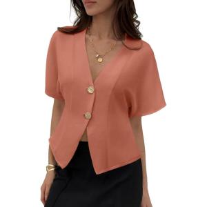 image:imageEVALESS Blouses for Women Dressy Casual Summer Button Down Shirts Short Sleeve Business Work TopsFlamingo