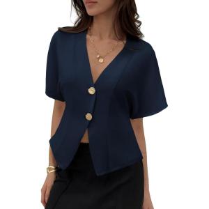 image:imageEVALESS Blouses for Women Dressy Casual Summer Button Down Shirts Short Sleeve Business Work TopsNavy Blue