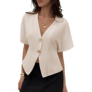image:imageEVALESS Blouses for Women Dressy Casual Summer Button Down Shirts Short Sleeve Business Work TopsOatmeal