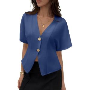 image:imageEVALESS Blouses for Women Dressy Casual Summer Button Down Shirts Short Sleeve Business Work TopsSky Blue