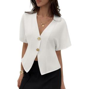 image:imageEVALESS Blouses for Women Dressy Casual Summer Button Down Shirts Short Sleeve Business Work TopsWhite