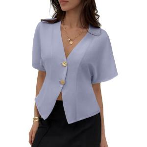 image:imageEVALESS Blouses for Women Dressy Casual Summer Button Down Shirts Short Sleeve Business Work TopsWild Wind