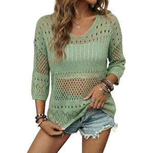 image:imageEVALESS Womens Trendy 2026 Lightweight Sweaters Crochet Hollow Out Knit Tops 34 Sleeve Beach Vacation Clothes for WomenGrass Green