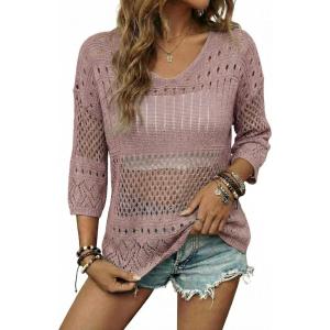 image:imageEVALESS Womens Trendy 2026 Lightweight Sweaters Crochet Hollow Out Knit Tops 34 Sleeve Beach Vacation Clothes for WomenReddish