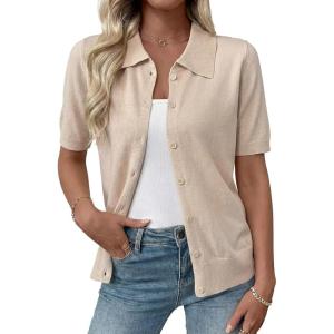image:imageEVALESS Wool Blend Cardigan Sweaters for Women Lightweight Short Sleeve Cardigans Summer Outfits Trendy Button Down SweaterBeige
