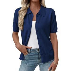 image:imageEVALESS Wool Blend Cardigan Sweaters for Women Lightweight Short Sleeve Cardigans Summer Outfits Trendy Button Down SweaterBlue
