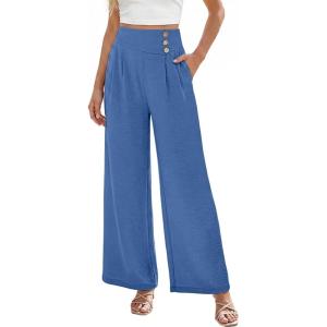 image:imageEVALESS Womens High Waisted Button Pleated Wide Leg Pants Beach Vacation TrousesAzure