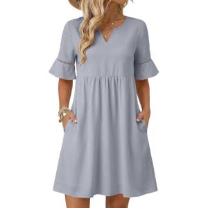 image:imageEVALESS Dresses for Women 2026 Casual V Neck Summer Dress Ruffle Short Sleeve Hollow Out Babydoll Mini Dress Cute High Waist A Line Dresses with Pockets Blue Medium