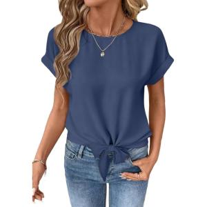 image:imageEVALESS Womens Tops Summer Cap Sleeve Tie Front Shirts 2026 Business Casual Work BlousesDirty Blue