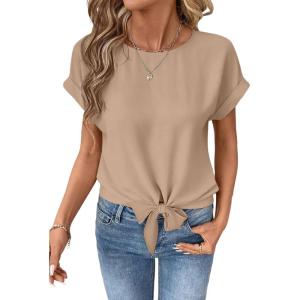 image:imageEVALESS Womens Tops Summer Cap Sleeve Tie Front Shirts 2026 Business Casual Work BlousesParchment