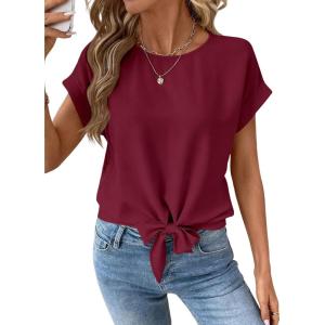image:imageEVALESS Womens Tops Summer Cap Sleeve Tie Front Shirts 2026 Business Casual Work BlousesRed Dahlia