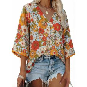 image:imageEVALESS Summer Boho Tops for Women 2026 Trendy 34 Length Sleeve Womens Tops Flowy Floral Print V Neck Bohemian Blouses1a Yellow